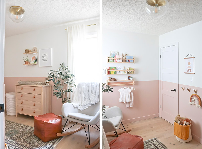 Kristina Lynne heeft voor de babykamer van haar dochter gekozen voor een oud roze lambrisering, gecombineerd met een warme houten vloer en witte gordijnen. | Bron: Kristinalynne.ca