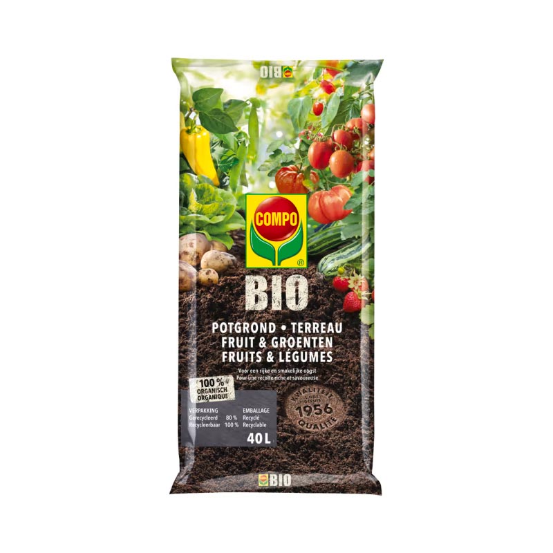 De COMPO Bio Potgrond Fruit & Groenten biedt een rijke bron aan voeding, bestaande uit volledig organische materialen.