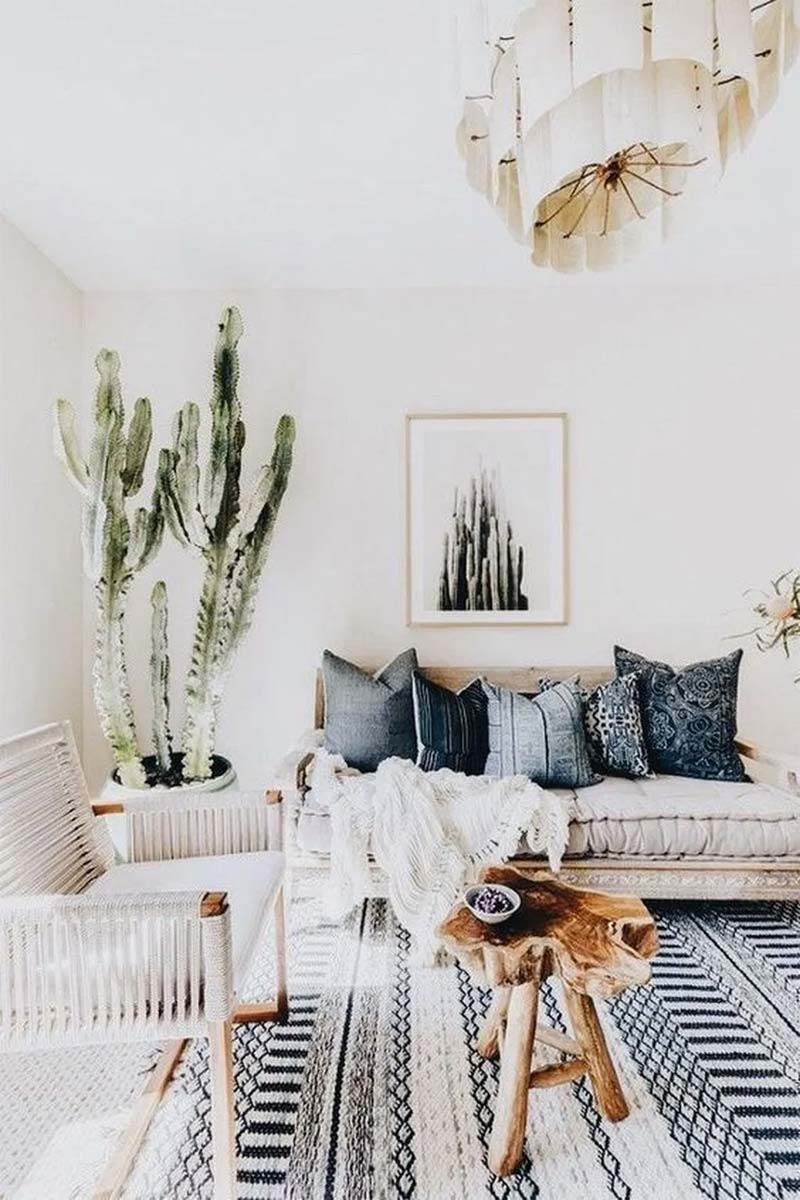 bohemian stijl grote cactus in woonkamer