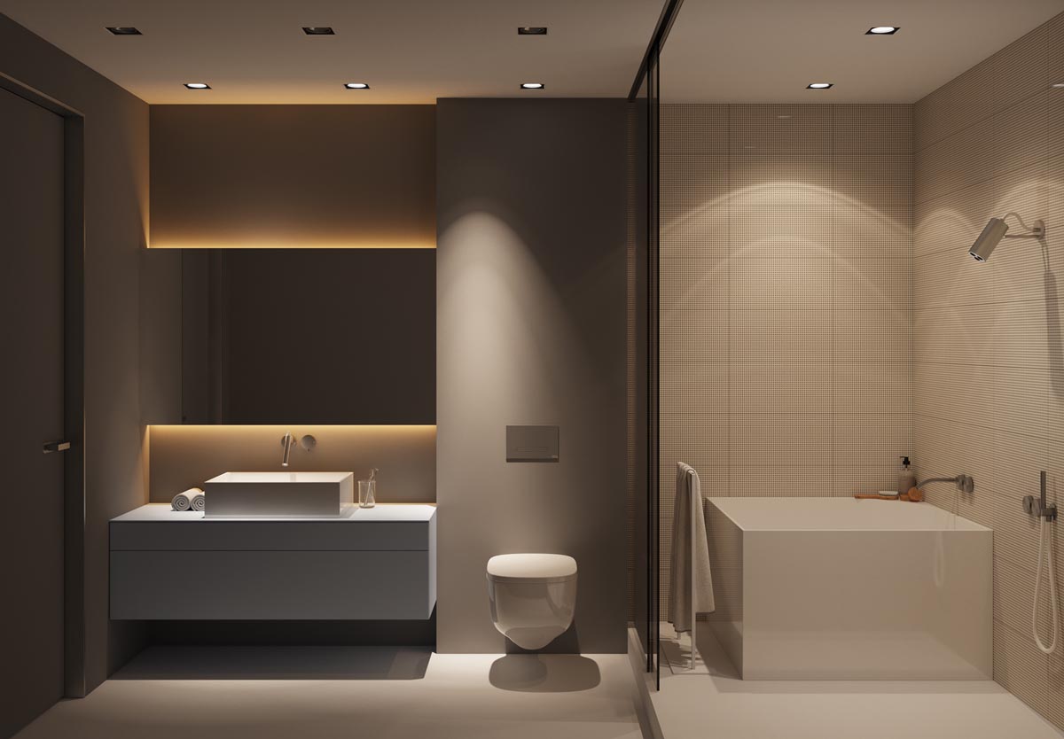 Een luxe warme badkamer met een lichte strakke gietvloer, ontworpen door Oekraïense ontwerpbureau Z.Design architecture.