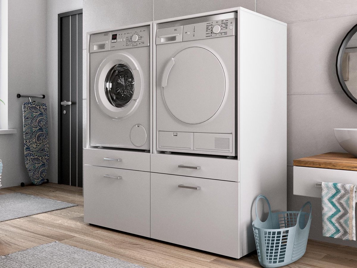 Deze set van twee wasmachine kasten van Mobistoxx biedt je de mogelijkheid om de wasmachine en droger op dezelfde hoogte naast elkaar te plaatsen. Hier verkrijgbaar voor 579,99.