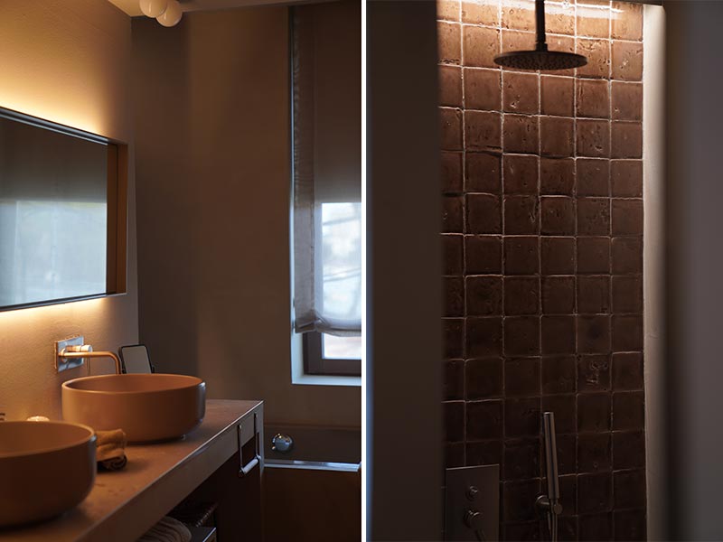 In het mooie Barefoot Hotel in Mallorca zijn de chique badkamers zowel bij de wastafel als in de inloopdouche led strips geïnstalleerd, die voor een sfeervolle gloed zorgen.