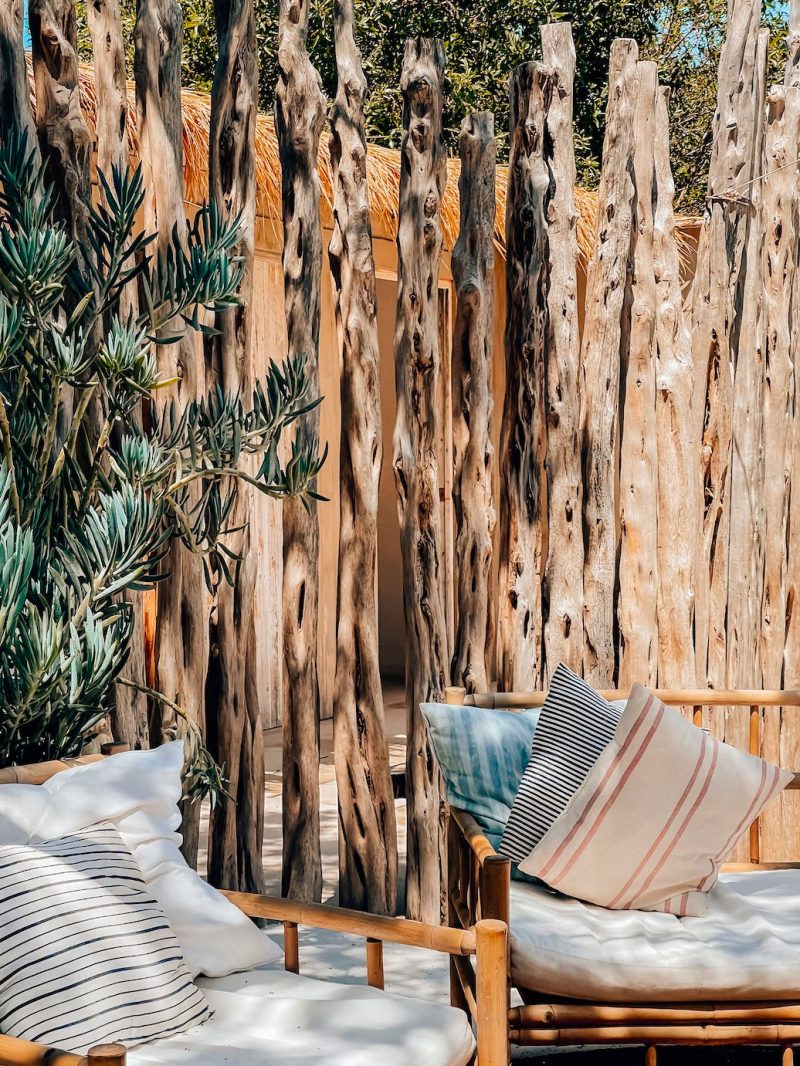 In deze fijne Ibiza tuin is er gekozen voor natuurlijke tuinafscheiding van boomstammen, die op een natuurlijke manier een plekje hebben gekregen.