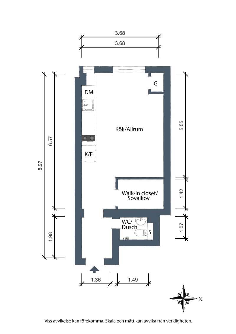 klein appartement 23m2 plattegrond