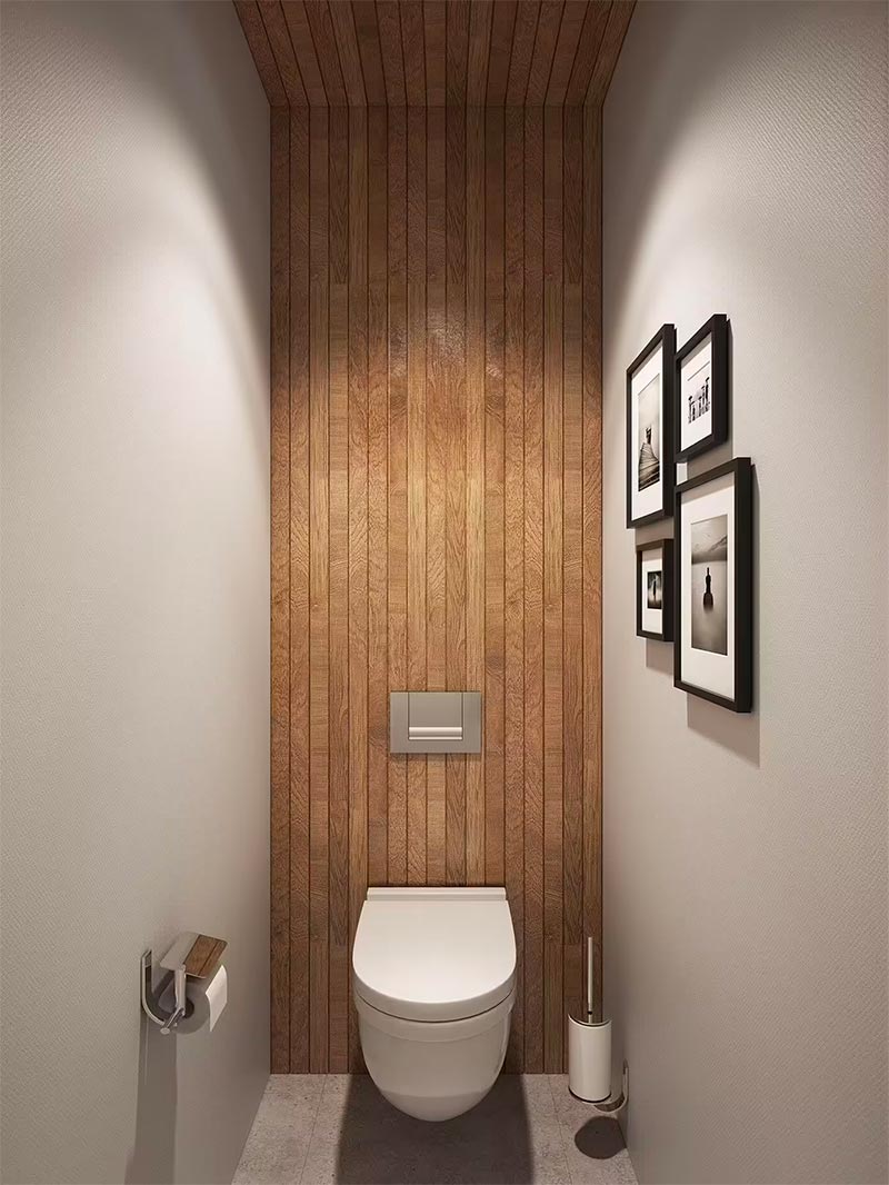 De ontwerpers van Geometrium hebben voor dit kleine toilet gekozen voor een modern hangtoilet.
