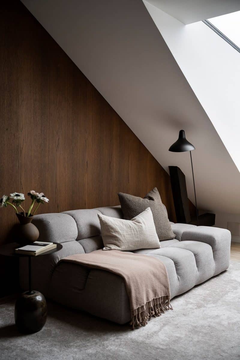 lichtgrijze bank tegen houten wandbekleding
