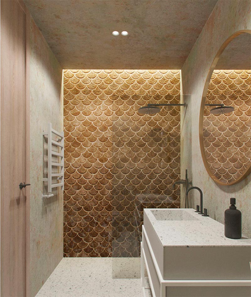 De luxe douche in deze fijne badkamer, ontworpen door interieur- en architectenbureau Need Design, is ledverlichting op een perfecte en sfeervolle manier geïnstalleerd.
