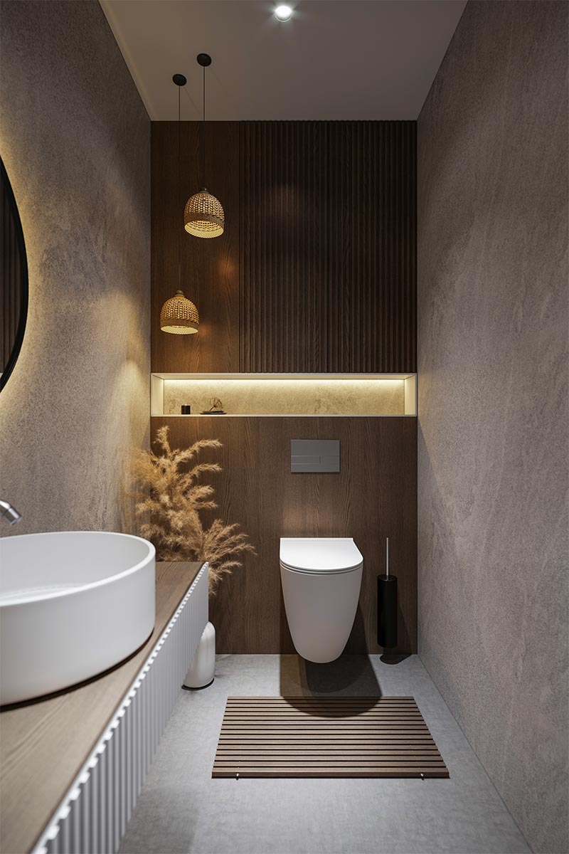 Ontwerper Mantas Rukšėnas combineerde luxe tegels met hout en sfeervolle verlichting in dit luxe toiletontwerp.