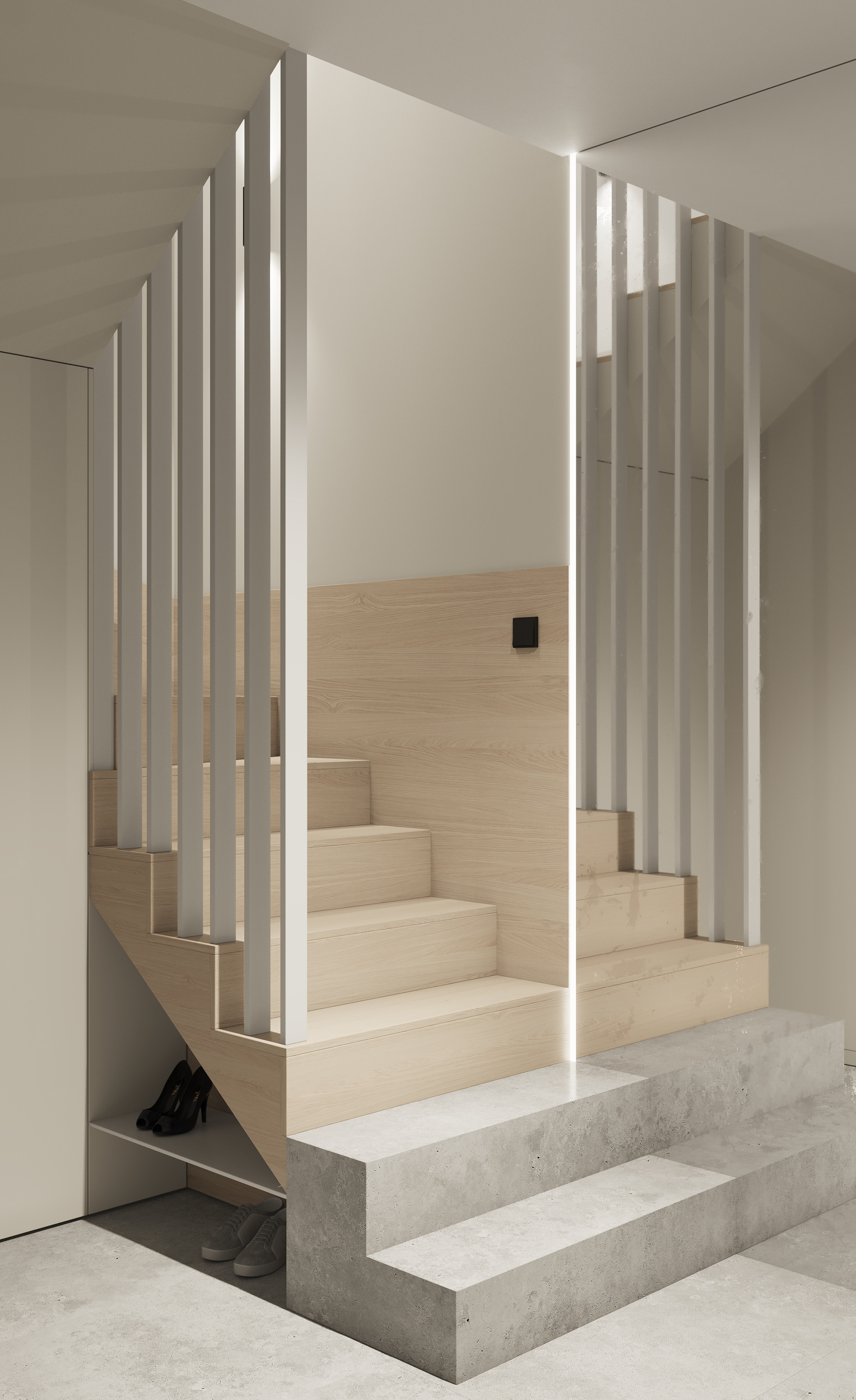 OD design studio heeft dit trapontwerp gerealiseerd met twee treden van marmer, die een super mooie combinatie vormt met hout.