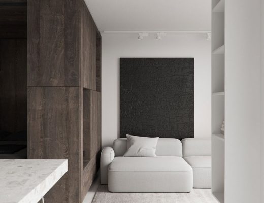 Minimalistisch warm interieur van een klein appartement van 44m2