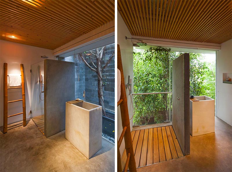 minimalistische spa badkamer hout en beton