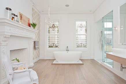 Modern bathroom with stained glass