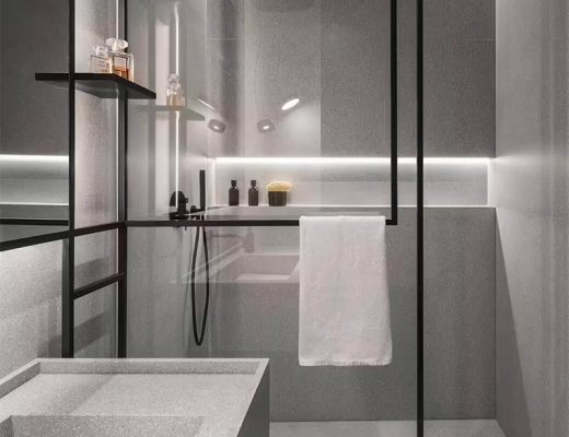 moderne grijze badkamer met zwarte details inloopdouche