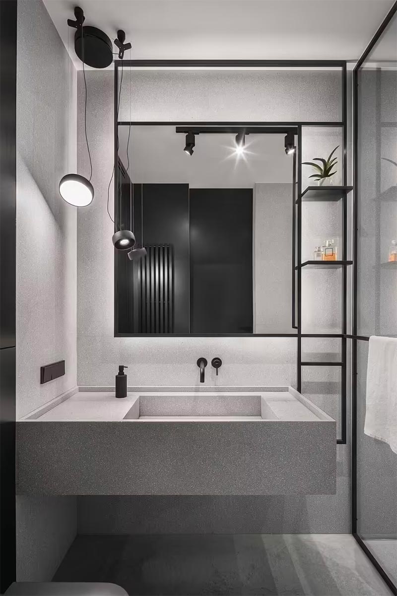 moderne grijze badkamer met-zwarte-details