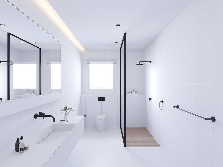 moderne strakke minimalistische witte badkamer