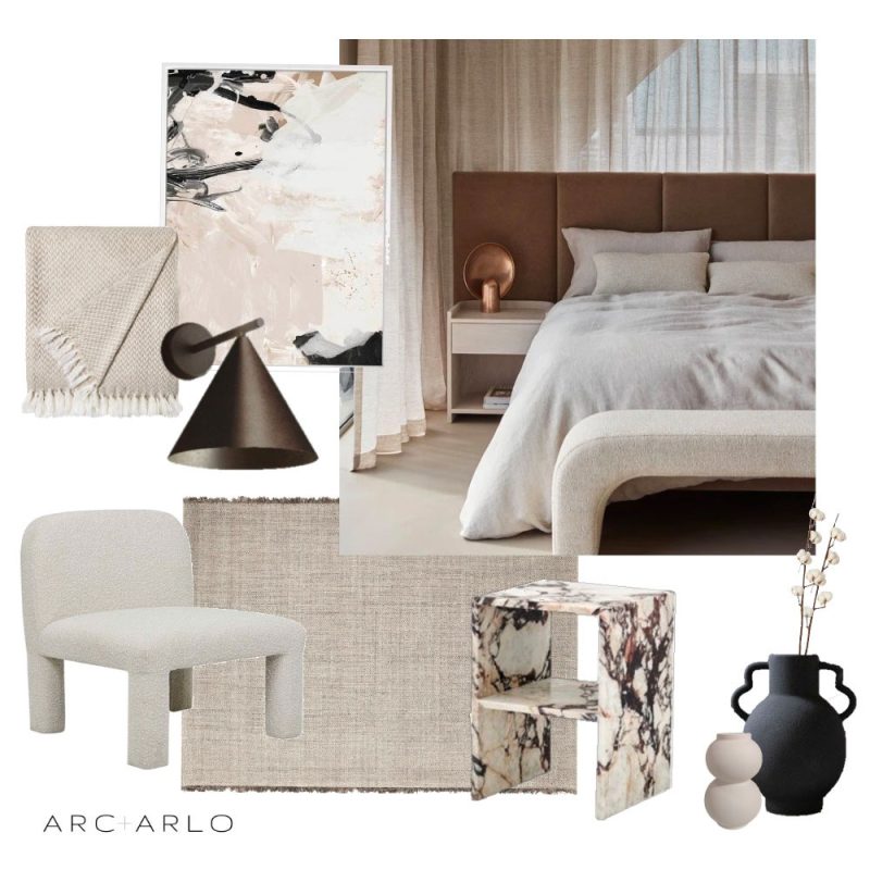 Arc+Arlo maakt dit mooie moodboard voor het ontwerp van een slaapkamer.