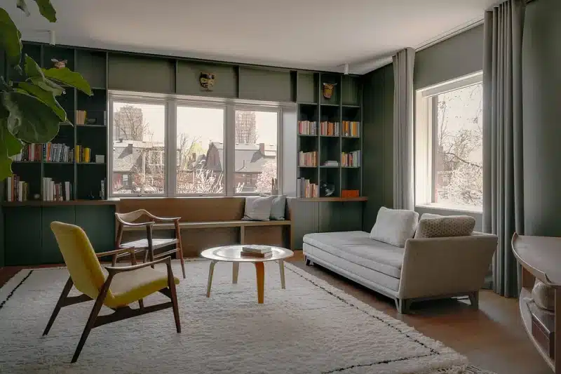 op maat gemaakte boekenkast rondom ramen