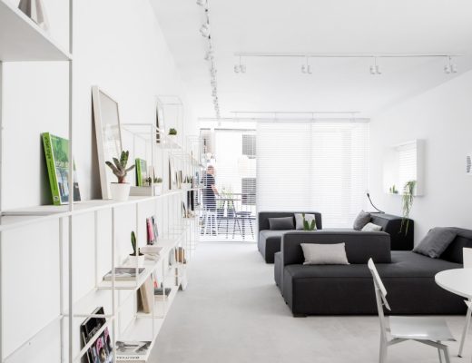 Smal lang appartement met een wit modern interieur