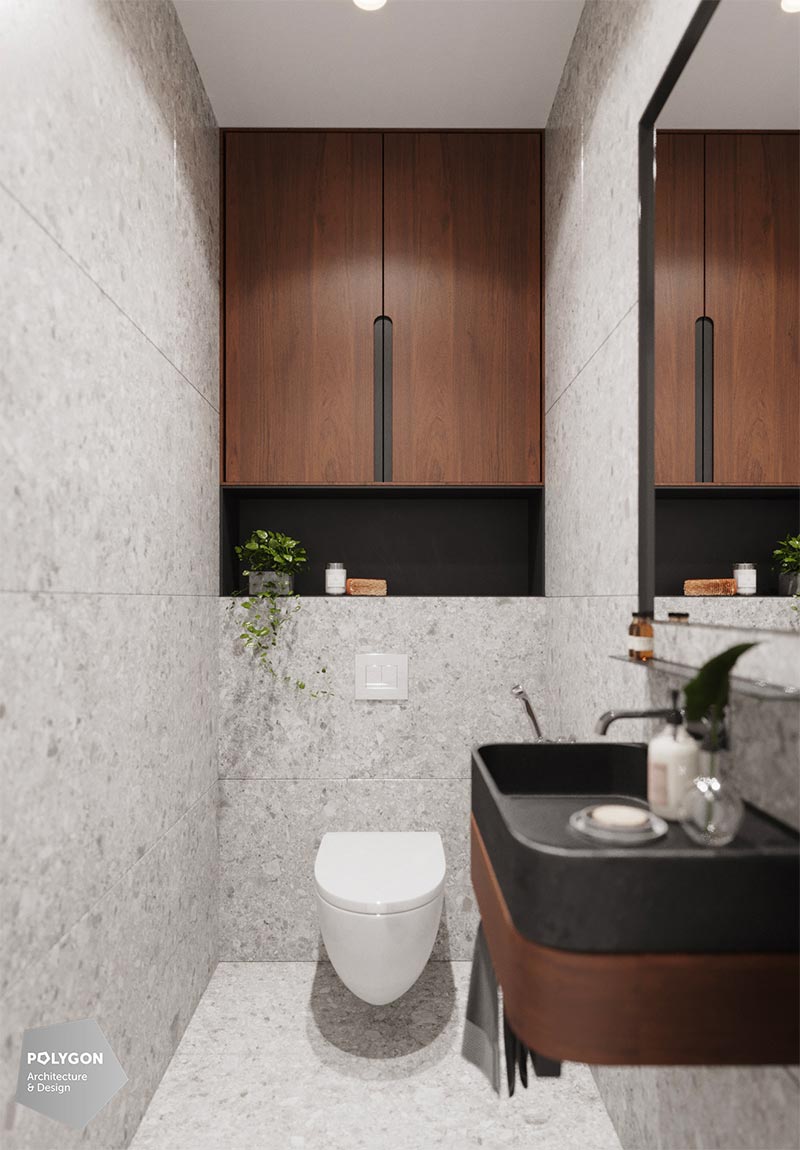 Poly interior design heeft dit luxe toilet ingericht, en een mooie inbouwkast gecombineerd met een open nis boven het toilet.