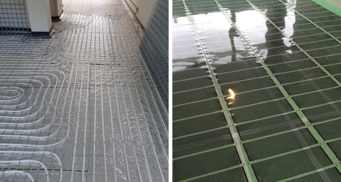 Het verschil tussen watergedreven vloerverwarming (links) en elektrische vloerverwarming (rechts)