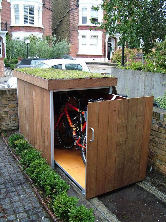 voortuin ideeën fietsenstalling-met-groen-dak