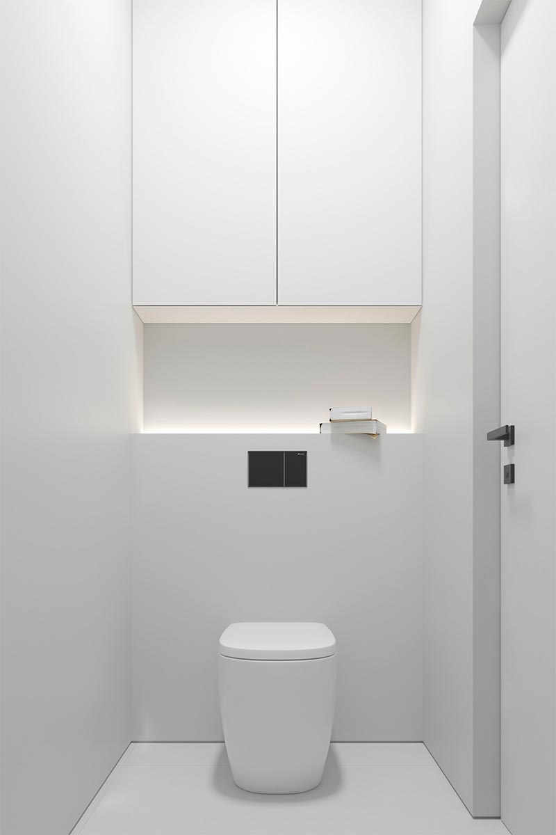 Dit minimalistisch wit toiletontwerp is gerealiseerd door Igor Shirotov Architects.