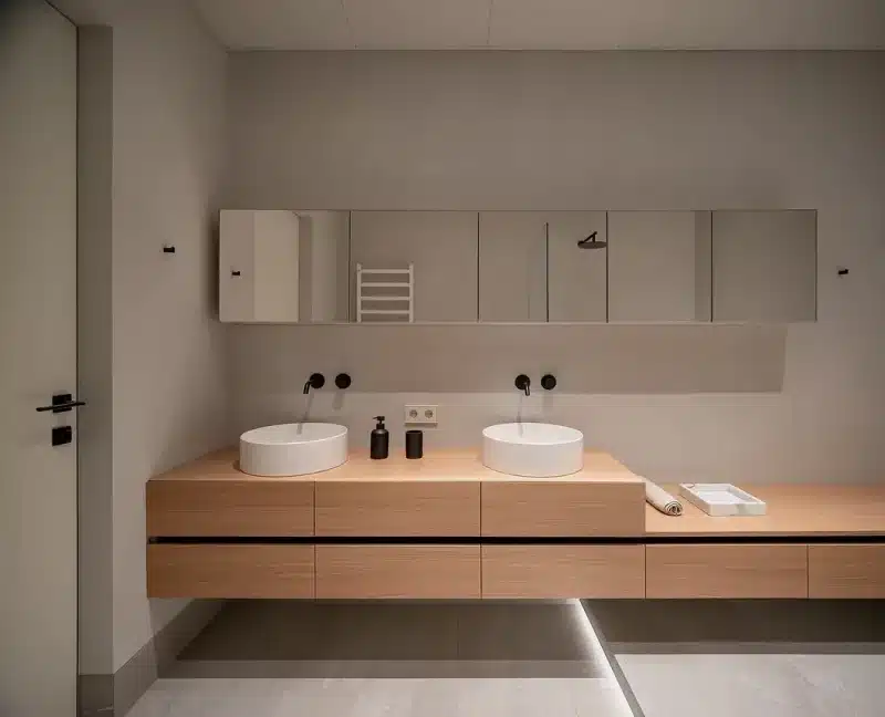 zwevende houten badmeubel moderne badkamer